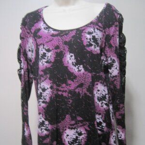 ELLE Womens Large Purple Black Lace Detailed Long Ruffle Sleeve Round Neck Shirt